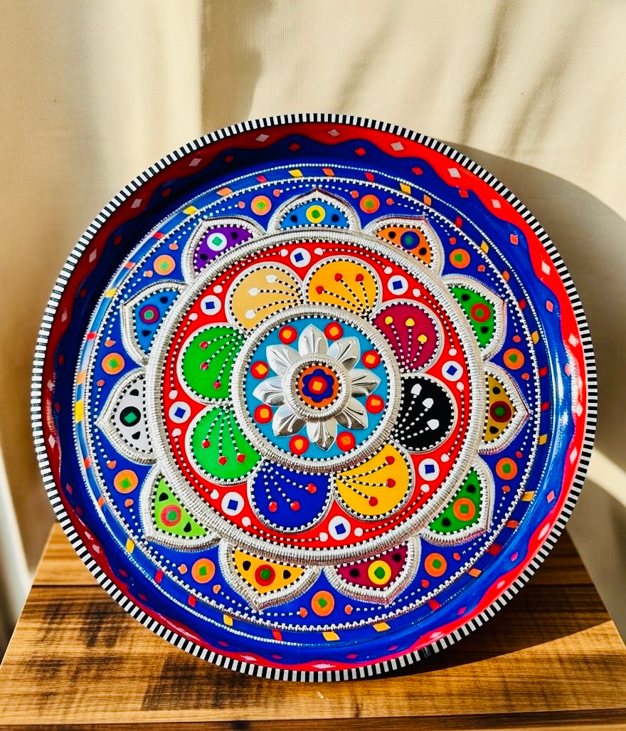 Blue & Multicolor Flower Round Large Tray (Chamakpatti) 003-00
