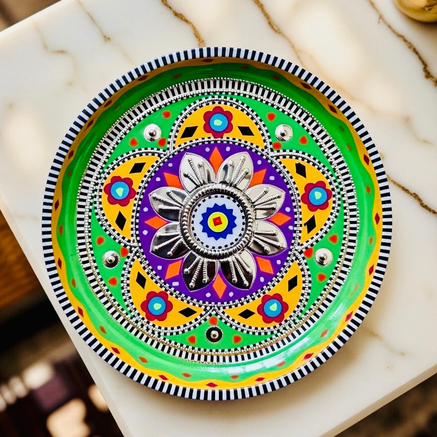 Green,Yellow & Purple Flower Motif Mini(Small) Round Tray 03-01-16