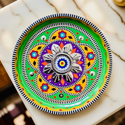 Green,Yellow & Purple Flower Motif Mini(Small) Round Tray 03-01-16