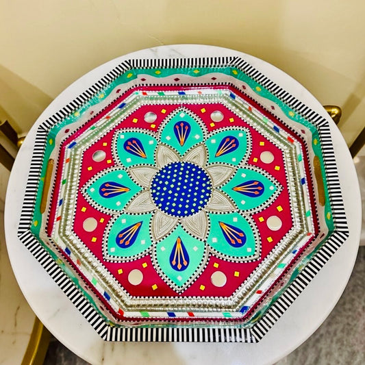 Red & Green Flower Motif Octagon Cone Serving Tray (Chamakpatti) 002-007