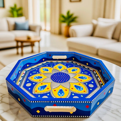 Dark Blue & Yellow Flower Motif Octagon Cone Serving Tray (Chamakpatti) 003