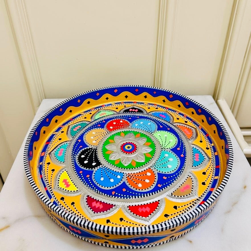 Yellow & Multicolor Flower Round Large Tray (Chamakpatti) 001-00