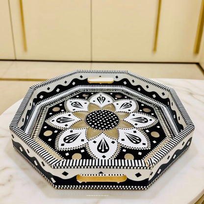 Black & White Flower Motif Octagon Cone Serving Tray (Chamakpatti) 006-008