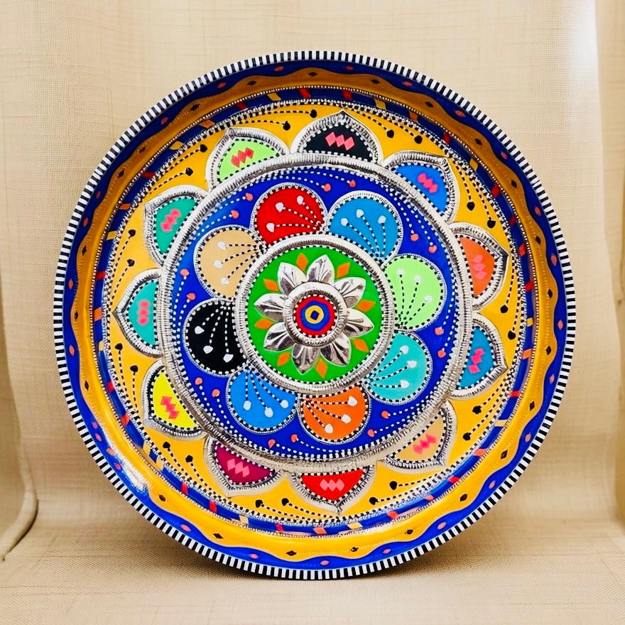 Yellow & Multicolor Flower Round Large Tray (Chamakpatti) 001-00