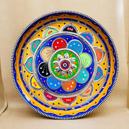 Yellow & Multicolor Flower Round Large Tray (Chamakpatti) 001-00