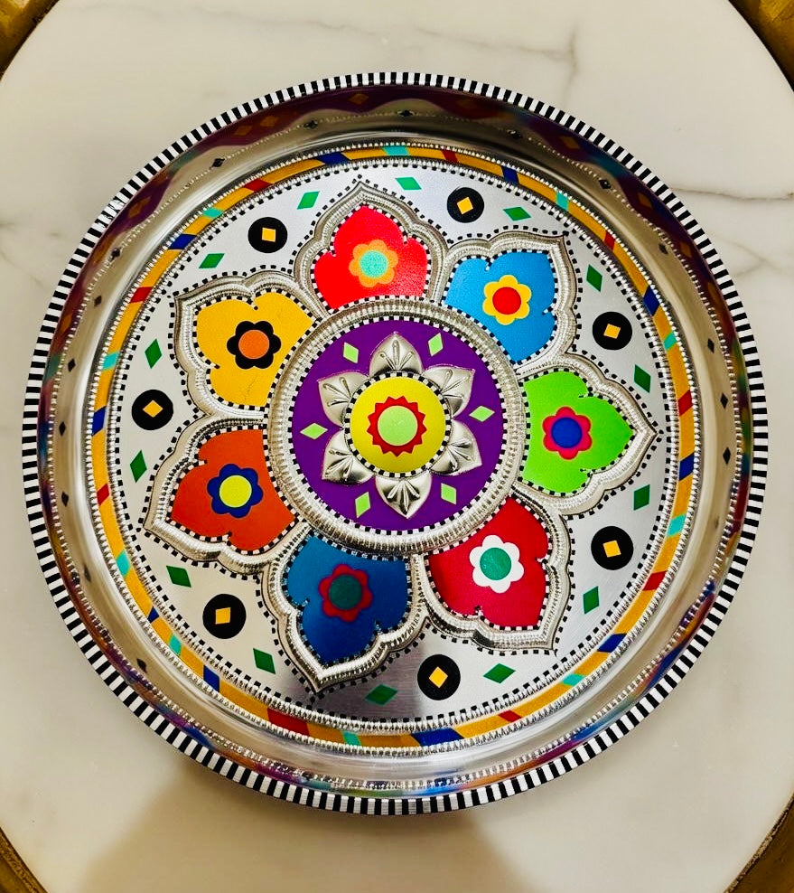 White & Multicolor Flower Round Medium Tray (Chamakpatti) 008-00