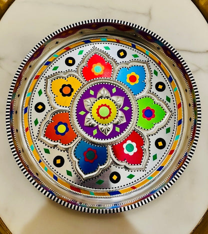 White & Multicolor Flower Round Medium Tray (Chamakpatti) 008-00
