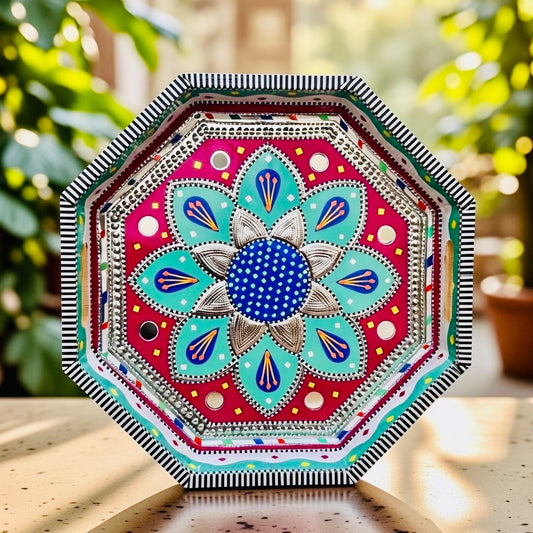 Red & Green Flower Motif Octagon Cone Serving Tray (Chamakpatti) 002-007