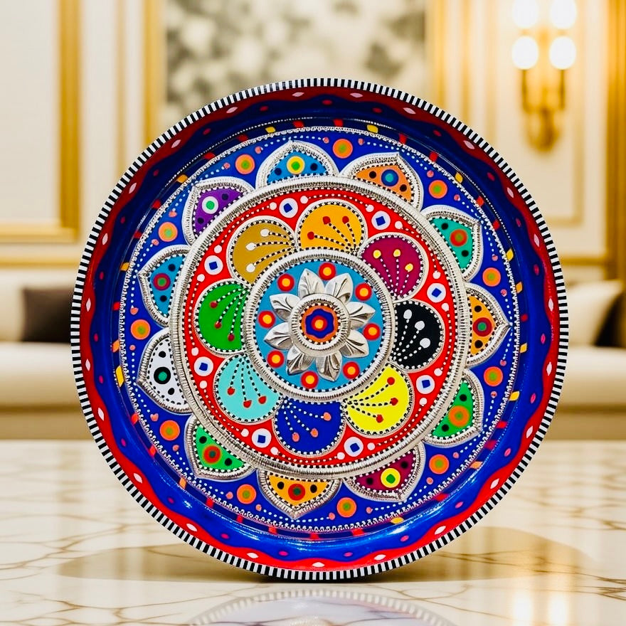 Blue & Multicolor Flower Round Large Tray (Chamakpatti) 003-00