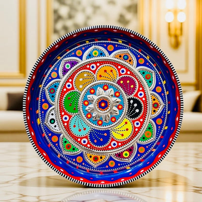 Blue & Multicolor Flower Round Large Tray (Chamakpatti) 003-00
