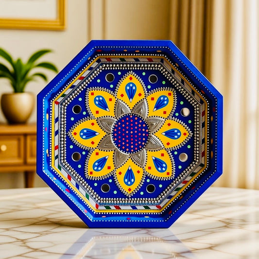 Dark Blue & Yellow Flower Motif Octagon Cone Serving Tray (Chamakpatti) 003