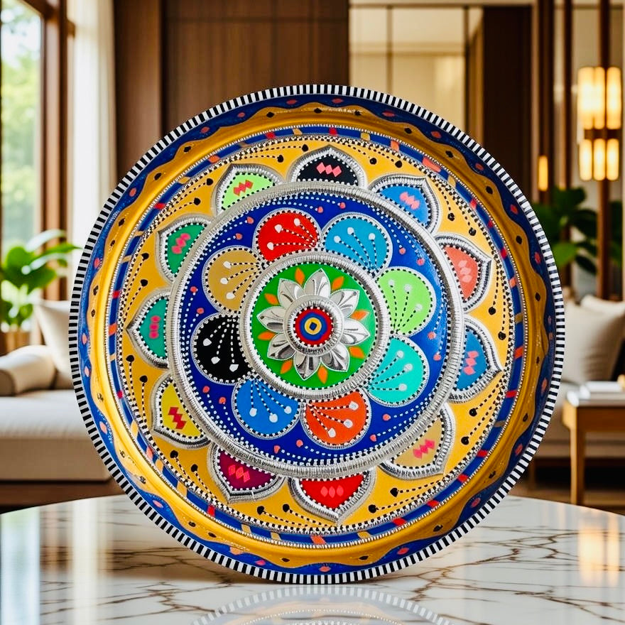 Yellow & Multicolor Flower Round Large Tray (Chamakpatti) 001-00
