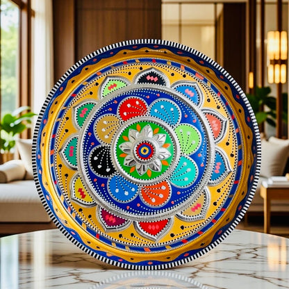 Yellow & Multicolor Flower Round Large Tray (Chamakpatti) 001-00
