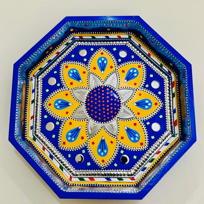 Dark Blue & Yellow Flower Motif Octagon Cone Serving Tray (Chamakpatti) 003