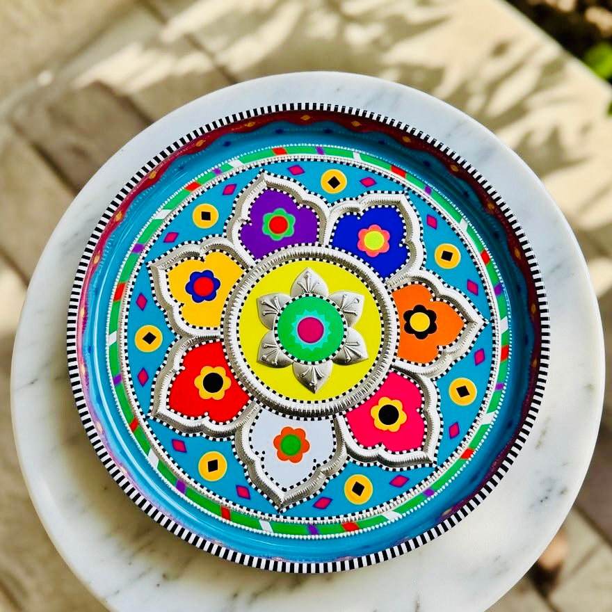 Sky Blue & Multicolor Round Medium Tray (Chamakpatti) 005-00