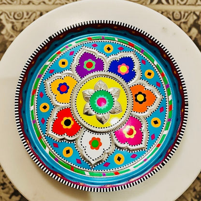 Sky Blue & Multicolor Round Medium Tray (Chamakpatti) 005-00