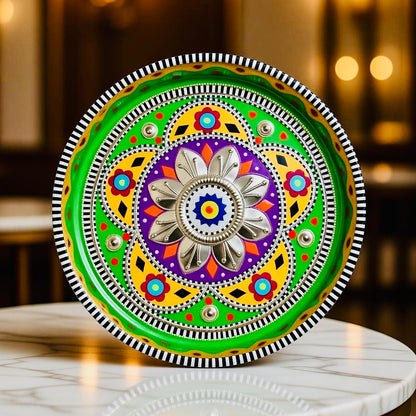 Green,Yellow & Purple Flower Motif Mini(Small) Round Tray 03-01-16